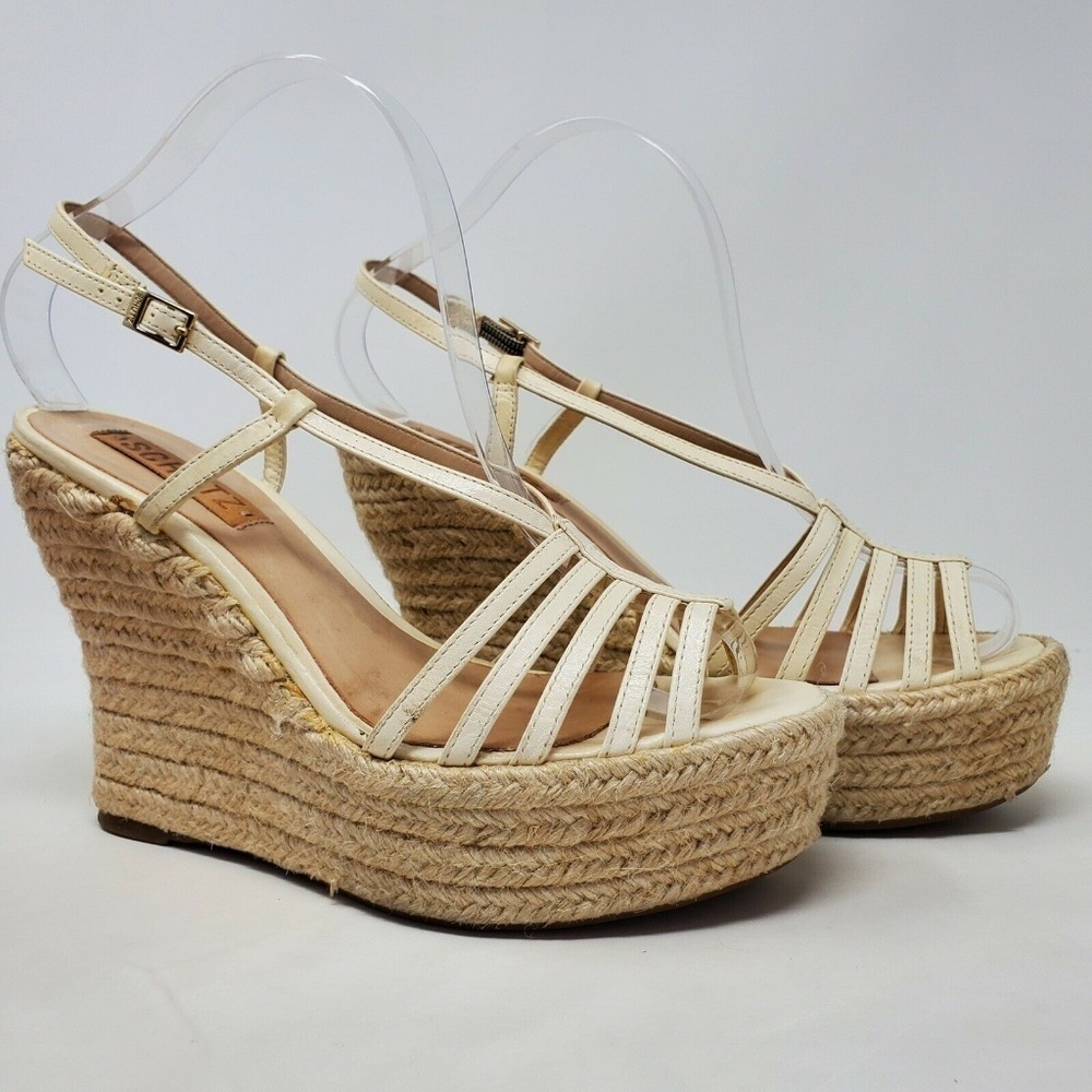 Schutz Gianne Size 8 Leather Espadrille Platform Wedge Cage Sandal Cream